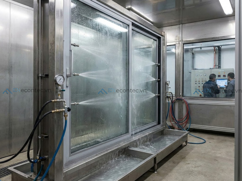 ASTM E547 mô phỏng điều kiện mưa kèm gió để kiểm tra chống nước