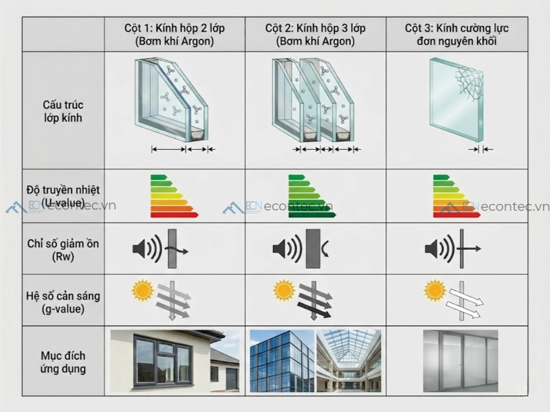 So sánh các loại kính cửa nhôm theo hiệu suất và ứng dụng