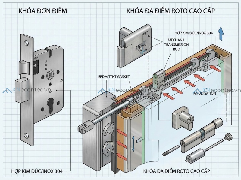 Cơ cấu khóa đa điểm vượt trội trong hệ cửa hiện đại